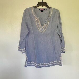 100% linen blue and white embroidered top